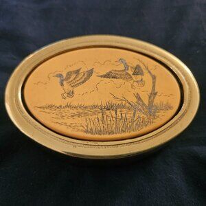 Duck Pair Faux Scrimshaw Brass Paperweight Brown Felt Bottom 3"x2"x1" Heavy Vtg